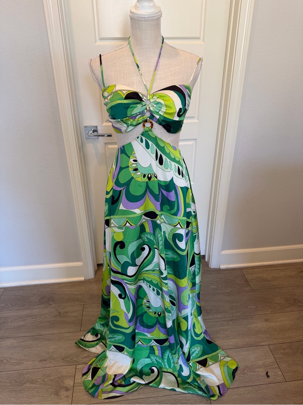 Green Patterned Cutout Halter Maxi Dress